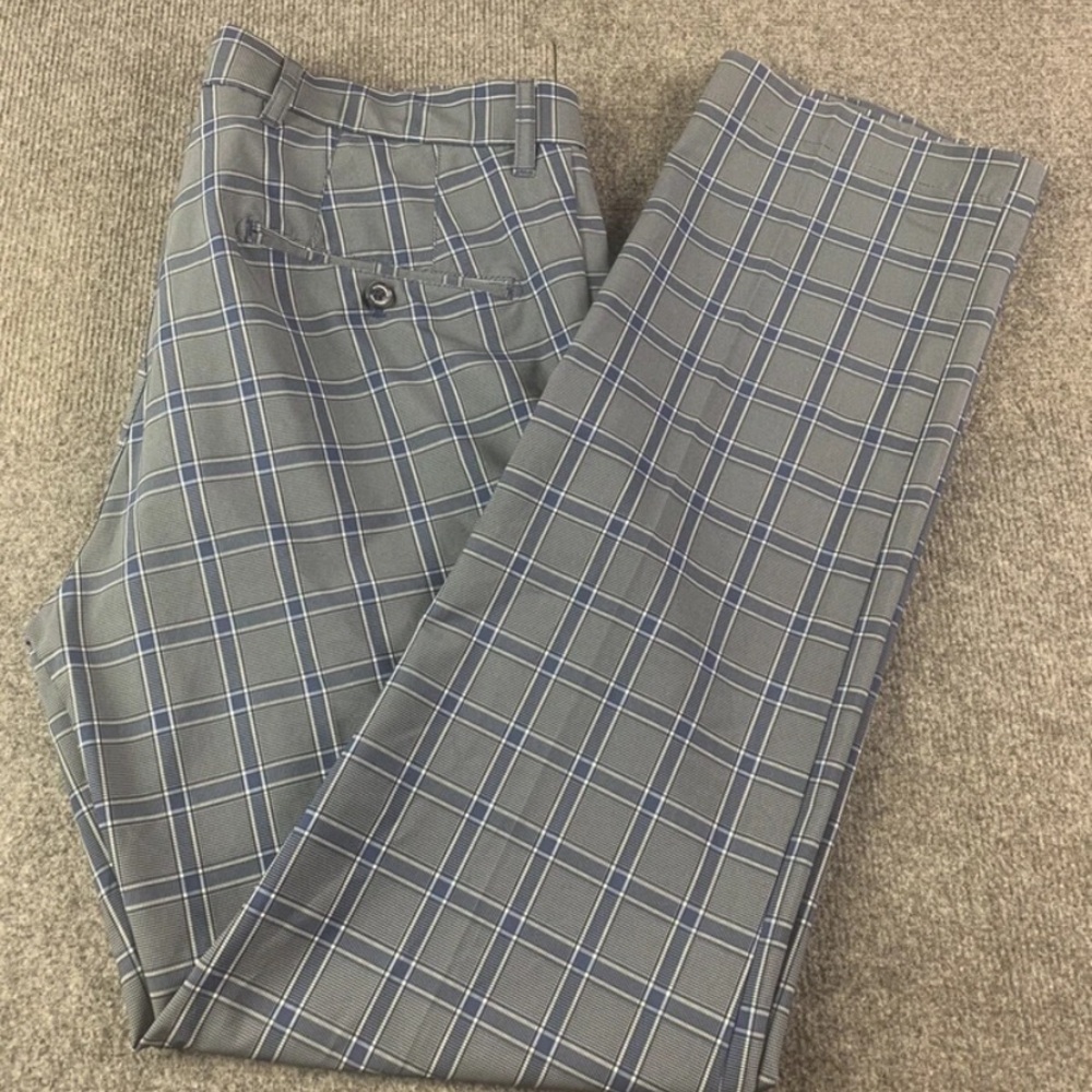J Lindeberg Slim Fit Mens Flat Front Plaid Golf Pants Size 34x33 Gray/Blue
